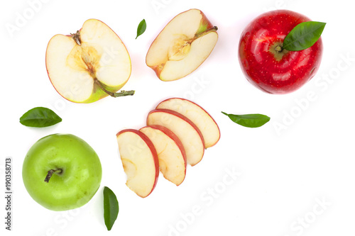 red and green apples with slices and leaves isolated on white background with copy space for your text, top view