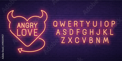 Angry Love. 3d neon sign, bright signboard, light banner. Valentine's day logo, emblem and label. Neon sign creator. Neon text edit