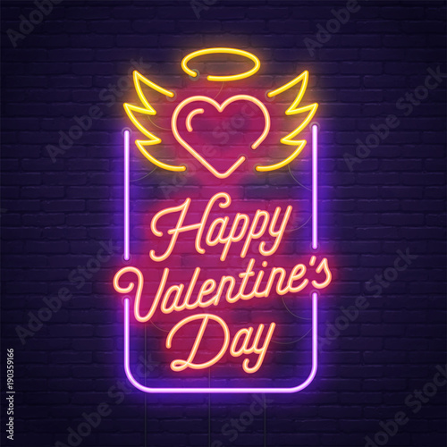 Happy Valentine's day. 3d neon sign. Realistic neon sign. Love day banner, logo, emblem and label. Bright signboard, light banner.  