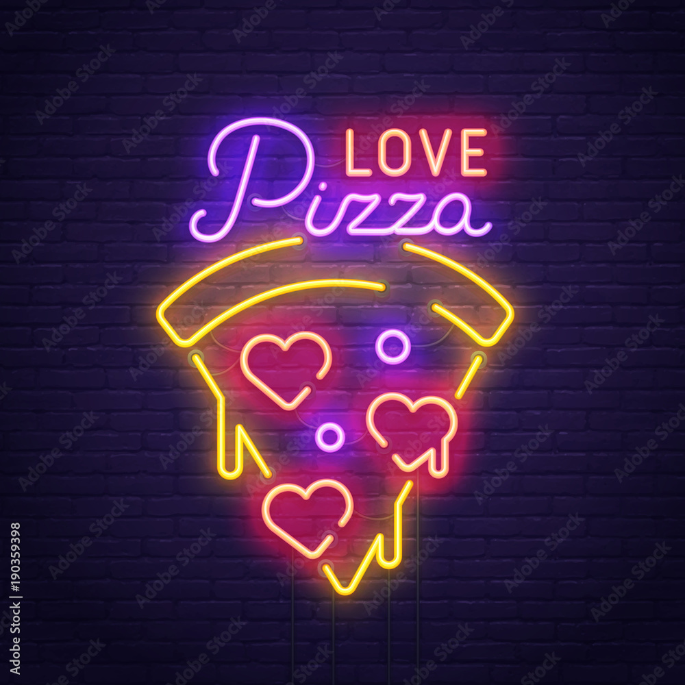 Pizza Love. 3d neon sign. Realistic neon sign. Love day banner, logo