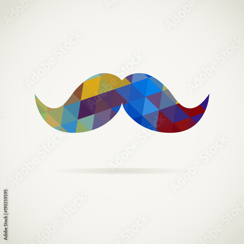 Moustache in colorful pattern of triangles with shadow. Vector hipster symbol in pop art style. All isolated and layered