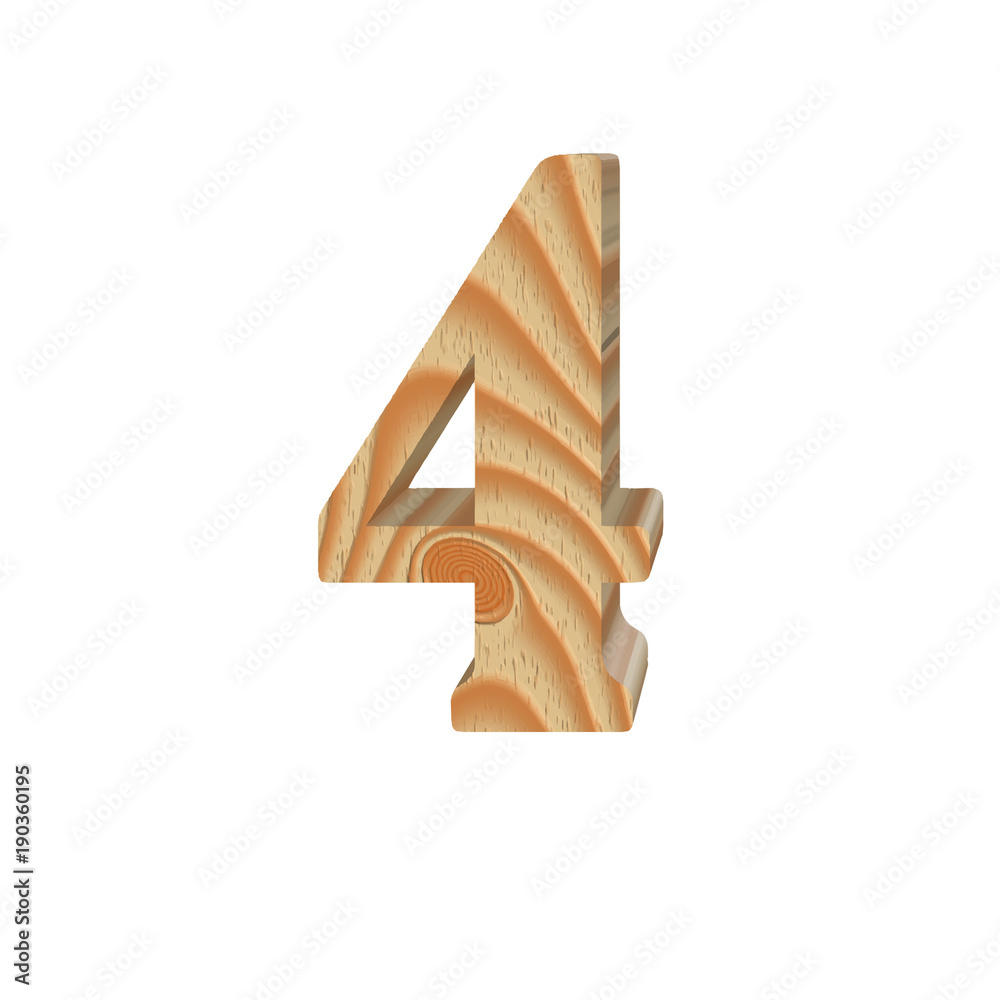 Wooden number 4 isolated on white background. Timber eco friendly volumetric alphabet design. Part of original alphabet font. . Vector illustration Wooden number 4 isolated on white background. Timber eco friendly volumetric alphabet design. Part of original alphabet font. . Vector illustration