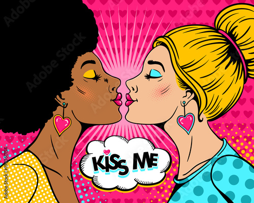 Wow female couple. Two sexy blonde and afro women in profile stretch to each other for kiss and Kiss me speech bubble. Vector background in retro pop art comic style. Valentines day invitation poster.