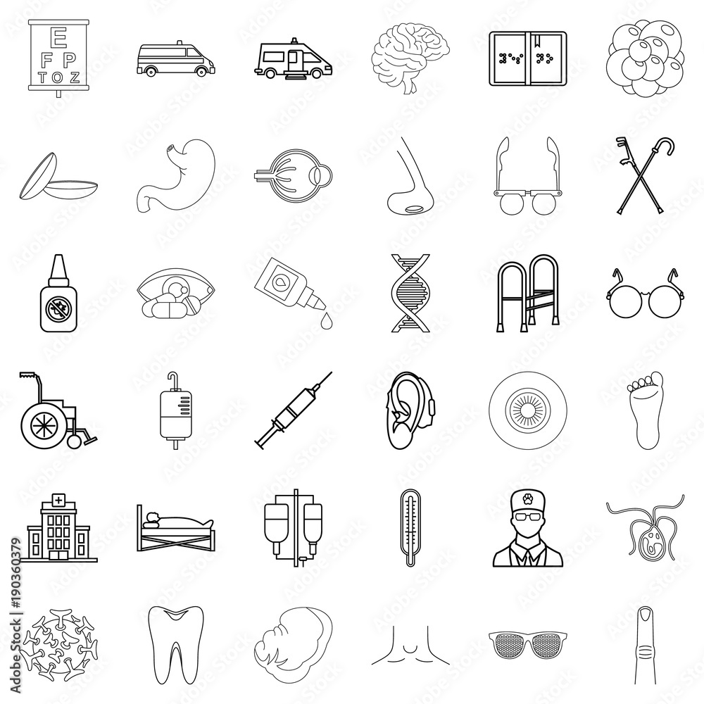 Health problem icons set, outline style