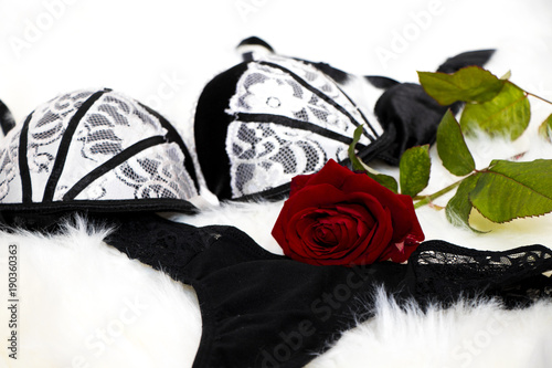 sexy black white lingerie with a red rose on a white fur - valentines day - surprise verführung © Riko Best