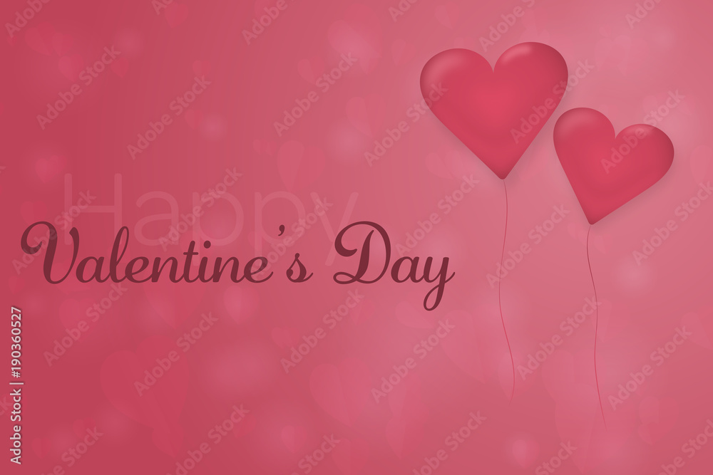 Valentine’s day. Background with hearts and 2 balloons in the foreground. Text: Happy Valentine’s Day.