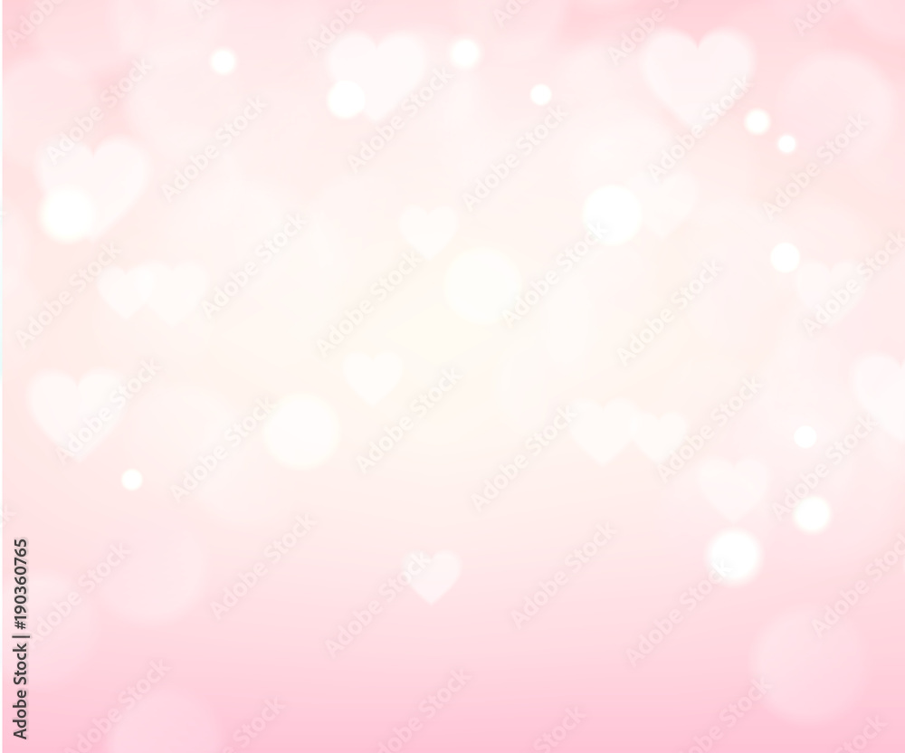 Abstract blur bokeh pink background with hearts and circles. Holiday wallpaper for Valentines Day or Mothers Day decoration. Vector illustration