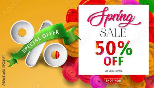 Spring sale background with beautiful colorful flower. Vector illustration. Wallpaper. flyers, posters, brochure, voucher discount. Spring sale banner with paper flowers for online shopping.