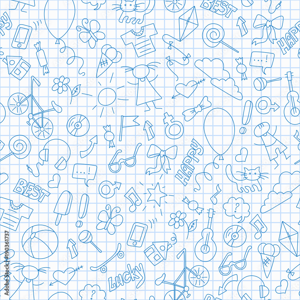 Seamless pattern on the theme of childhood, fun and friendship, a simple hand-drawn icons, blue  contour  icons on the clean writing-book sheet in a cage
