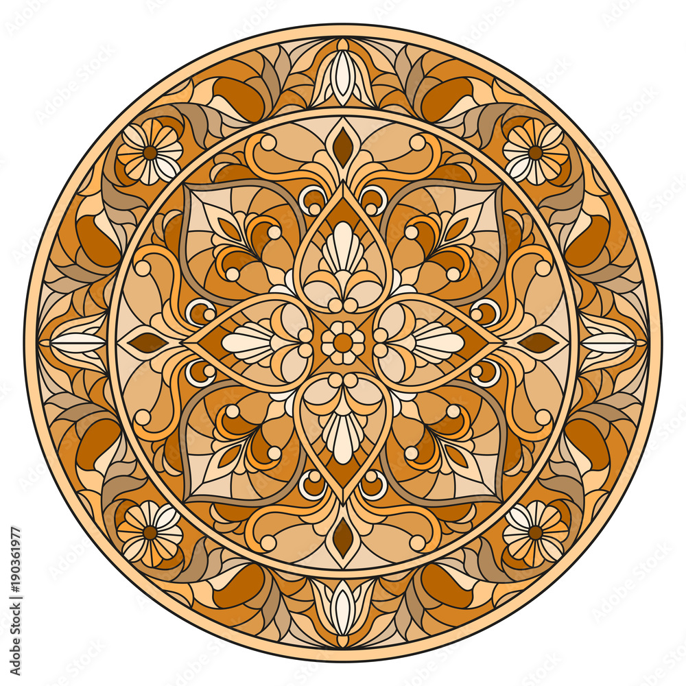 Illustration in stained glass style, round mirror image with floral ornaments and swirls,brown tone ,sepia 