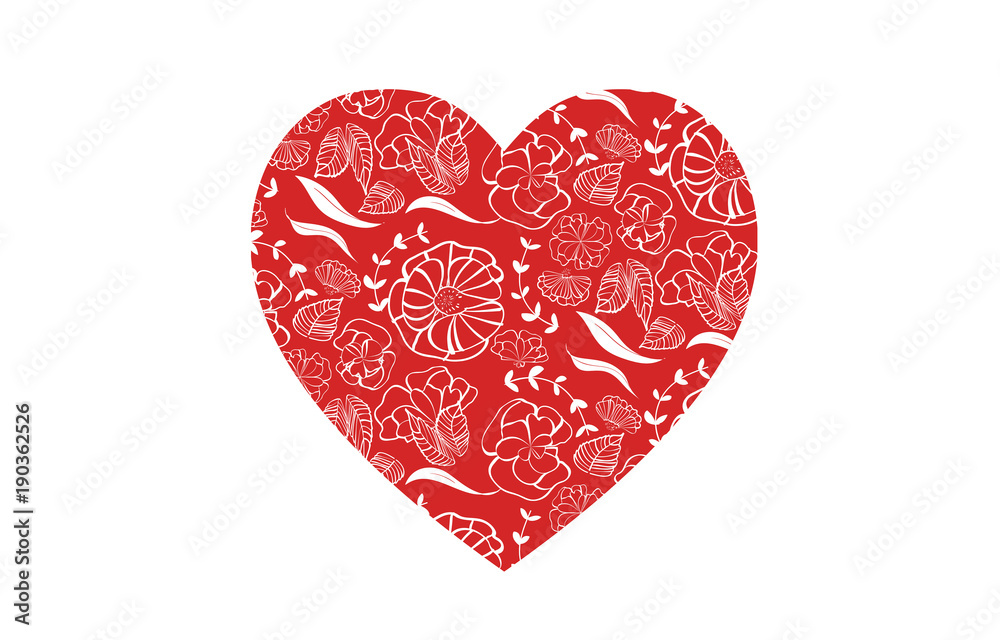 Red heart shape with floral pattern for love greeting card design for print and web - isolated on white background