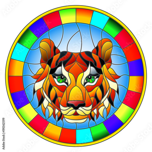 Fototapeta Naklejka Na Ścianę i Meble -  The illustration in stained glass style painting with a tiger's head , a circular image with bright frame