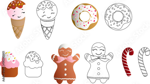 set with ice lolly, cookies, donuts with cream