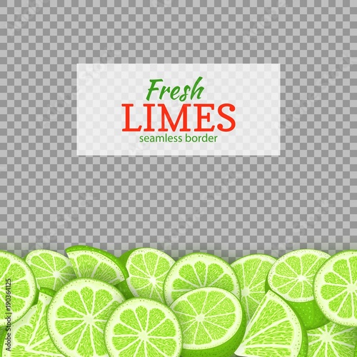 Lime fruit Horizontal seamless border. Vector illustration card. Fresh tropicat green lemon slice, seamless citrus line for design tea, ice cream, natural cosmetics, health care products, detox diet