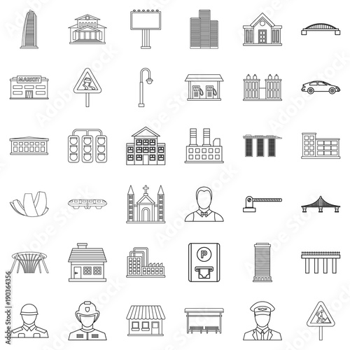 Huge city icons set, outline style