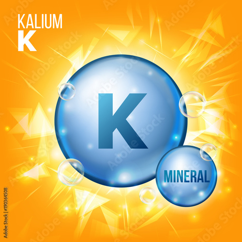 K Kalium Vector. Mineral Blue Pill Icon. Vitamin Capsule Pill Icon. Substance For Beauty, Cosmetic, Heath Promo Ads Design. 3D Mineral Complex With Chemical Formula. Illustration photo