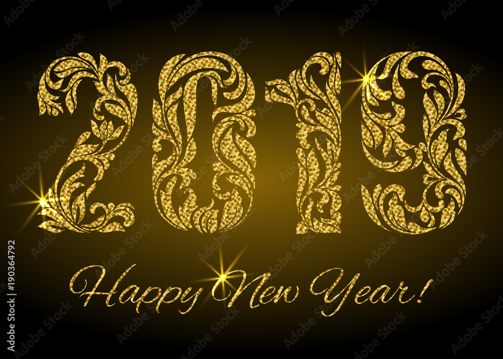 Fototapeta premium Happy New Year 2019. The figures from a floral ornament with golden glitter and sparks on a dark background. Luxury design