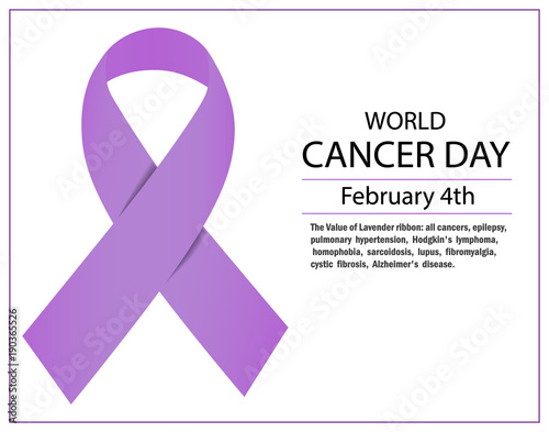 Lavender ribbon awareness for cancers . February 4th, world cancer day. Vector illustration