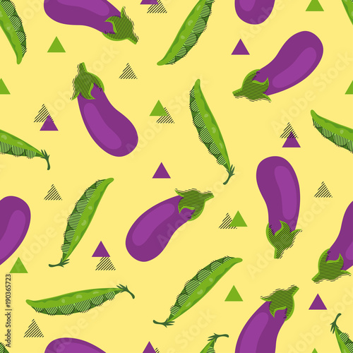 Seamless vegetables pattern with purple eggplant and green pea pods.