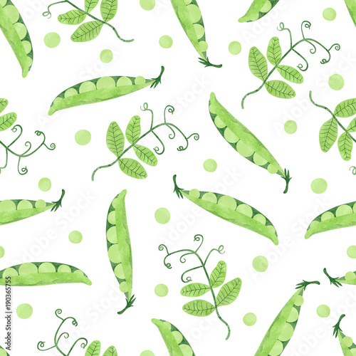 Seamless watercolor pea pattern. Vector background with green peas, pods and leaves.