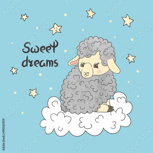 Cute little sheep on the cloud. Sweet dreams vector illustration.