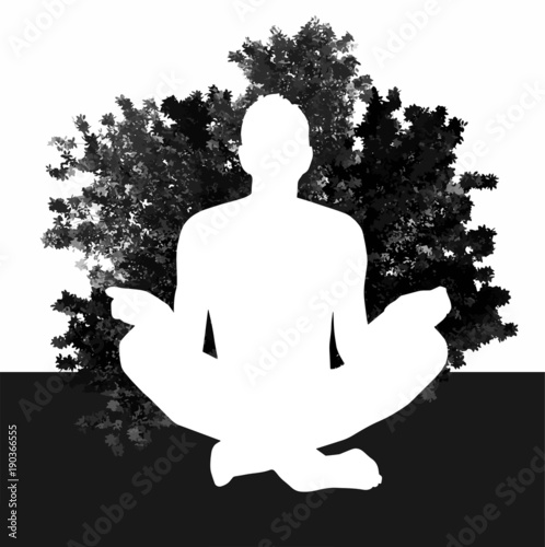 Pictogramme d'un homme nu prenant la pause pour la méditation devant un arbuste