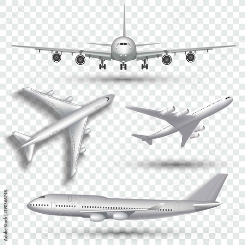 Aircraft, airplane, airliner in different point of view vector. Set of air plane front side and top illustration. photo