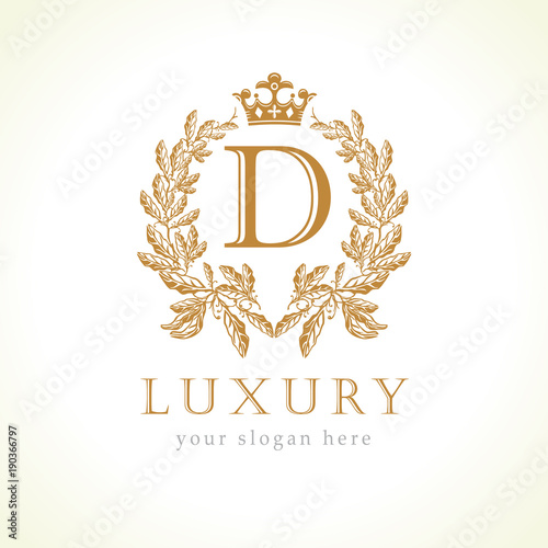 Luxury D letter and crown monogram logo. Laurel elegant beautiful round identity with crown and wreath. Vector letter emblem D for Antique, Restaurant, Cafe, Boutique, Hotel, Heraldic, Jewelry