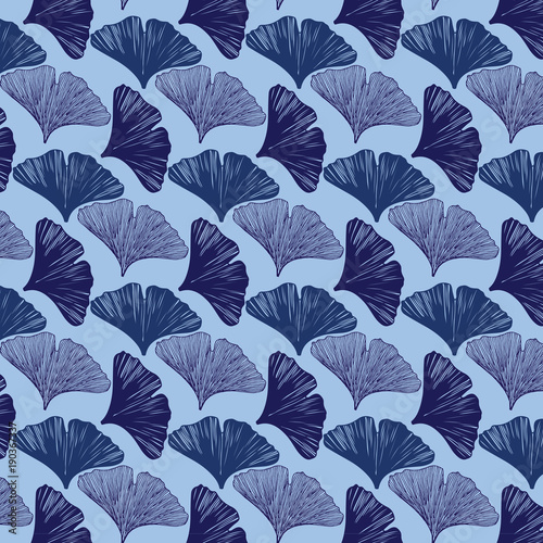 Hand drawn ginkgo leaves vector pattern in blue and purple colors palette 