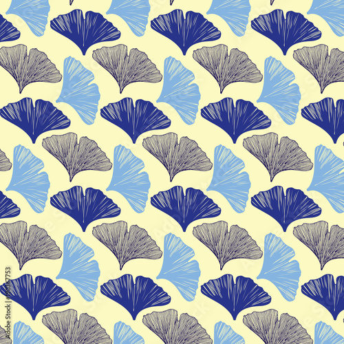 Hand drawn ginkgo leaves vector pattern in blue  yellow and gray colors palette