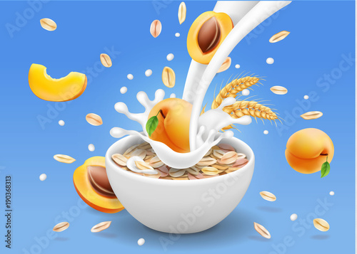 Oat flakes with apricot advertising design. Oatmeals and milk splash in yogurt bowl.