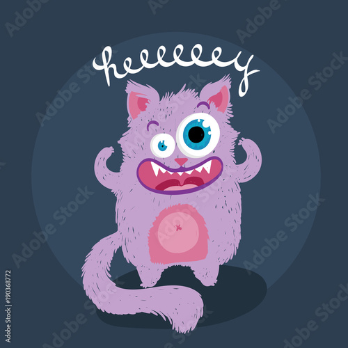 Cute monster kitten with text. Vector illustration for t shirt and print design