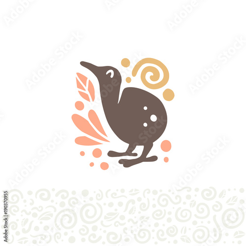 Vector flat cute funny hand drawn cute kiwi bird silhouette isolated on white background.  Perfect for children goods store logo insignia, kid clothes and accessory prints, zoo logotype etc.