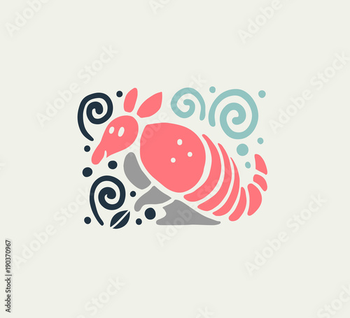 Vector flat cute funny hand drawn armadillo animal silhouette isolated on white background. Perfect for children goods store logo insignia, kid clothes and accessory prints, zoo logotype etc.