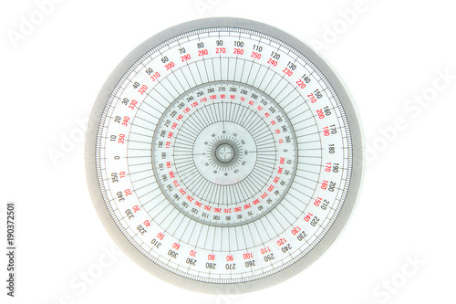 circle measuring equipment 360 degree on white background, tranparent protractor photo