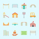 Icons about Amusement Park with fun, sailing boat, amusement park, skater, carousel and game zone