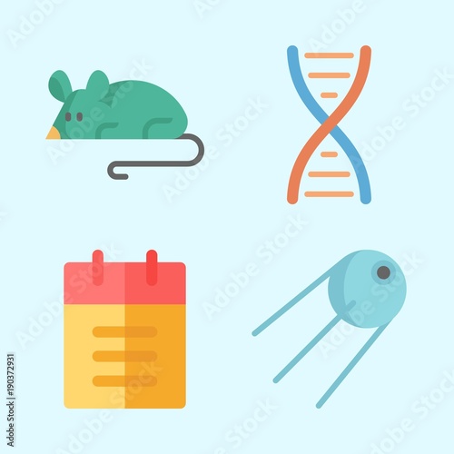 Icons about Science with notebook, sputnik, mouse and dna