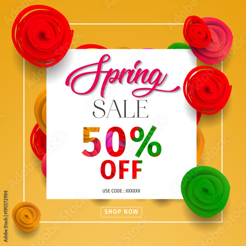 Spring sale background with beautiful colorful flower. Vector illustration. Wallpaper. flyers, posters, brochure, voucher discount. Spring sale banner with paper flowers for online shopping.