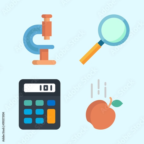 Icons about Science with calculator, gravity, loupe and microscope