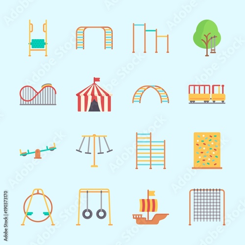 Icons about Amusement Park with child train, sailing boat, swings, swing , carousel and climb