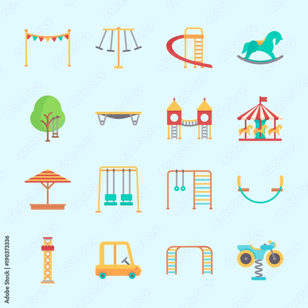 Icons about Amusement Park with motor swing, amusement park, climbing, jumping flore, horse carousel and slide
