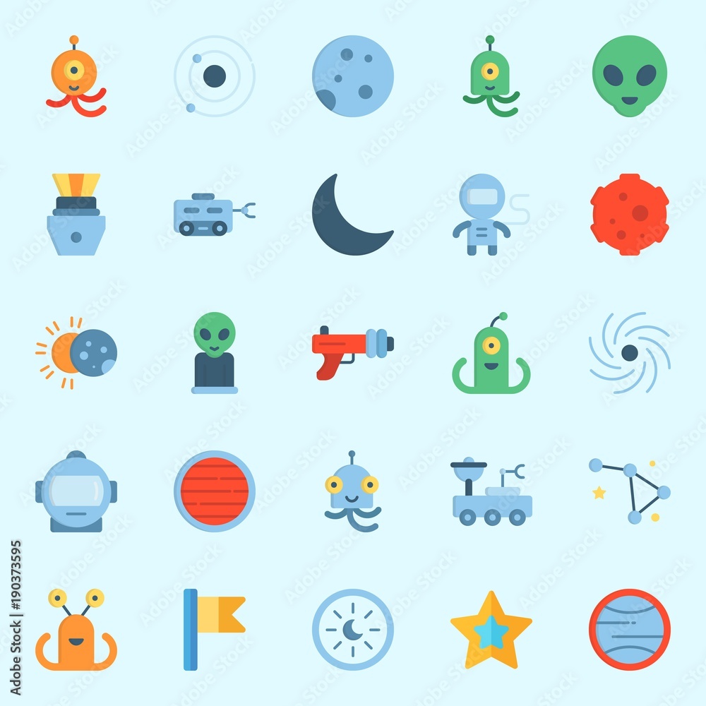 Icons set about Universe with blaster, uran, capsule, orbit, eclipse and alien