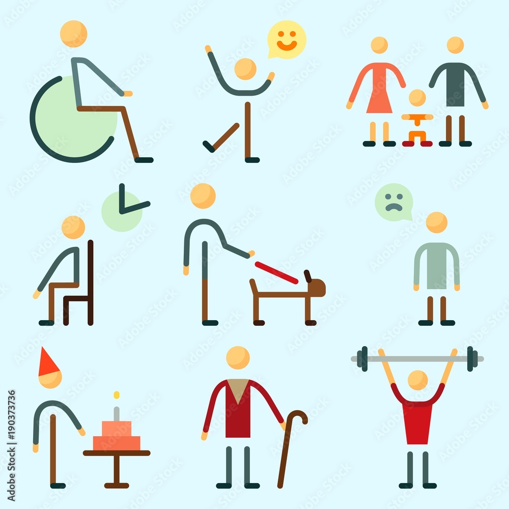 Icons set about Human with sportsman, sad man, family, bodybuilder, child and waiting room Icons set about Human with sportsman, sad man, family, bodybuilder, child and waiting room