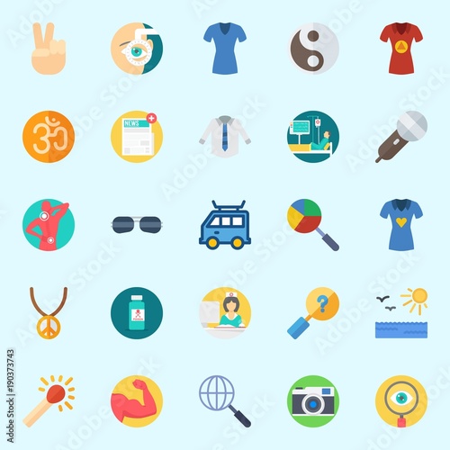 Icons set about Hippies with match, microphone, victory, patient, van and nurse