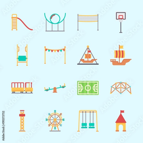 Icons about Amusement Park with amusement park, roller coaster, sailing boat, carousel, slide and swings