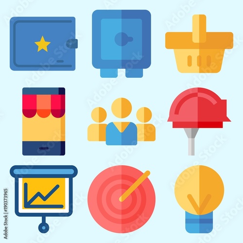 Icons set about Business with wallet, safebox, idea, presentation, target and shopping basket