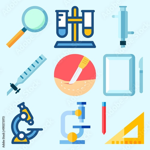 Icons set about Laboratory with surgery, measuring, test tube, kipp's apparatus, condenser and microscope