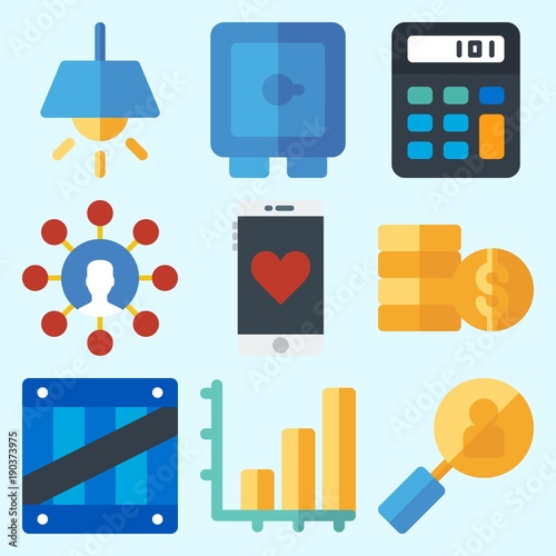 Icons set about Business with bar chart, coins, calculator, user, safebox and lamp