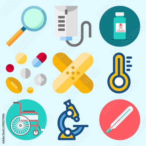 Icons set about Medical with loupe, drob counter, microscope, pills, wheelchair and patch