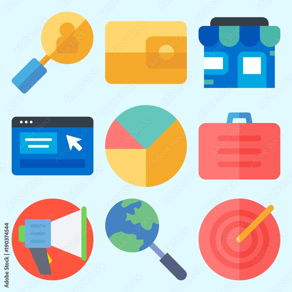 Icons set about Commerce with wallet, search, pie chart, megaphone, suitcase and target